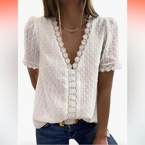 Women’s Chiffon Lace V-Neck Short Sleeve Top in White